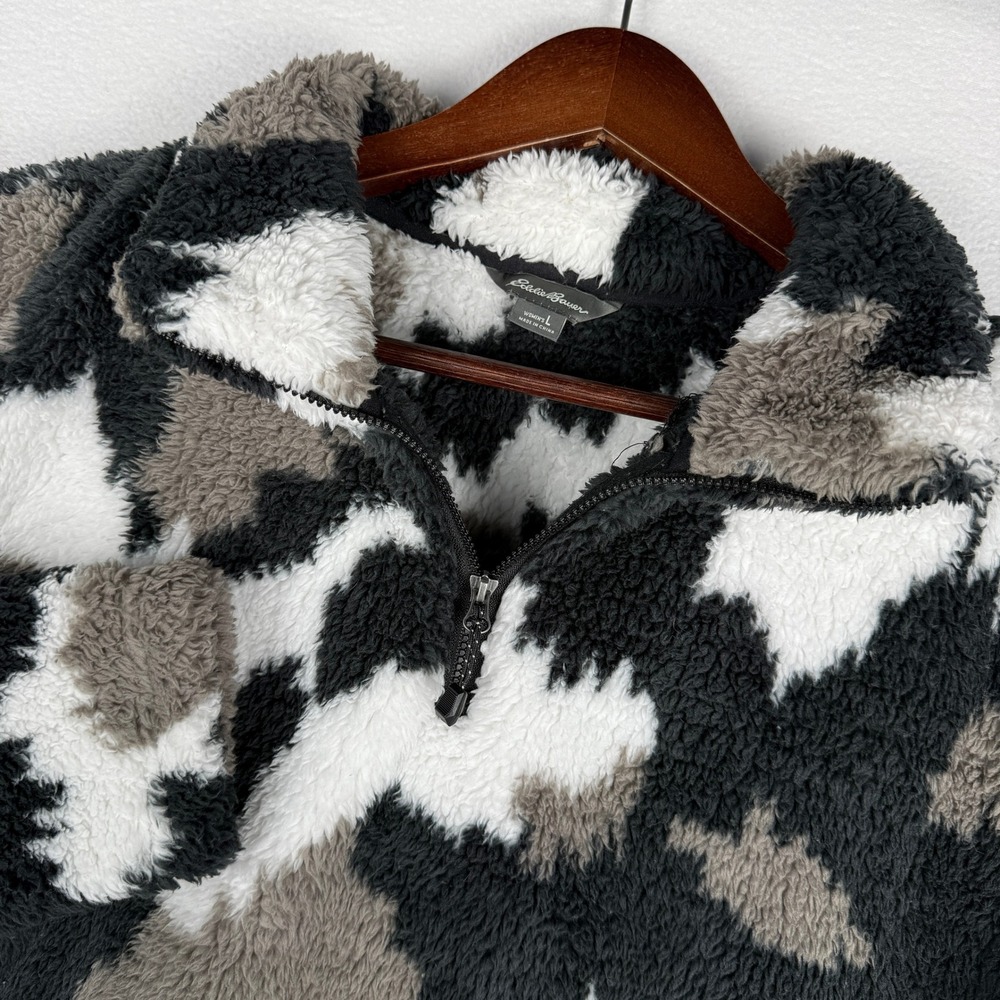 Eddie Bauer Faux Fur High Pile Fleece 1/4 Zip Pullover Womens L Black Grey Camo